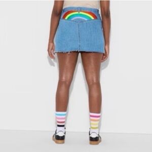 NWT Target Pride Rainbow Embroidered Blue Denim Frayed Hem Jean Skirt